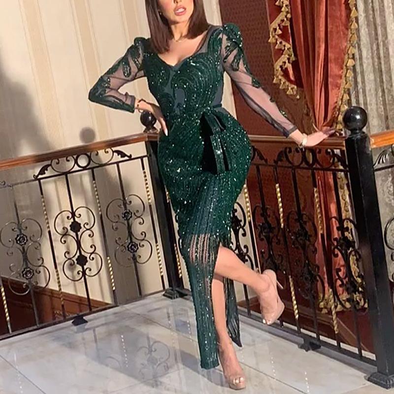 Spring Summer Autumn Mid-length Dress Women Long Sleeve Sexy Sequins Tulle Slit Belt Slim Fit Retro Dark Green Vertical Stripes