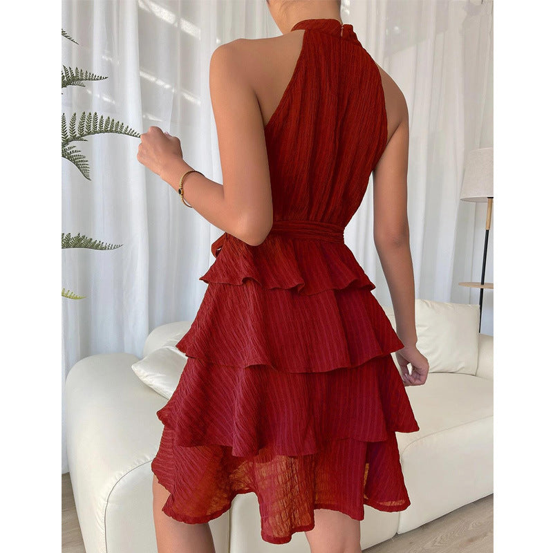 Summer Halter Neck Evening Dress Casual Short Skirt Sexy Women Ruffled Chiffon Sleeveless Matching Belt Fashion Party Beach Sale