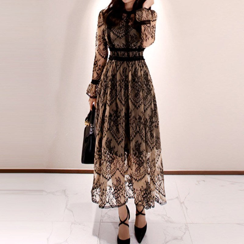 Spring Summer Elegant Vintage Evening Long Dress Casual Sexy Women Lace Hollow O-Neck Robe Slim Party Fashion High Quality Sale