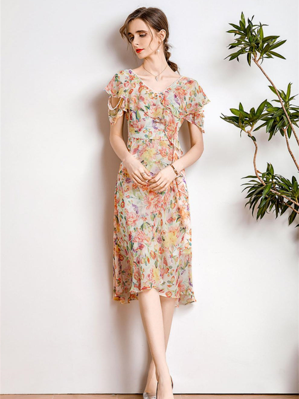 Summer New V-neck Ruffle Sleeve Midi Fairy Dress Soft Breathable Flowy Women Floral Temperament Long Skirt Vacation Beach SALE