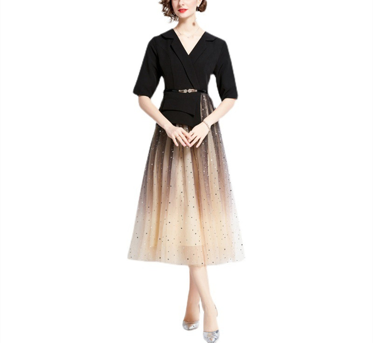 Women Elegant Evening Dress Temperament Casual Office Gradient Color Sequins Tulle Chiffon Mesh Midi Skirt Spring Summer Autumn