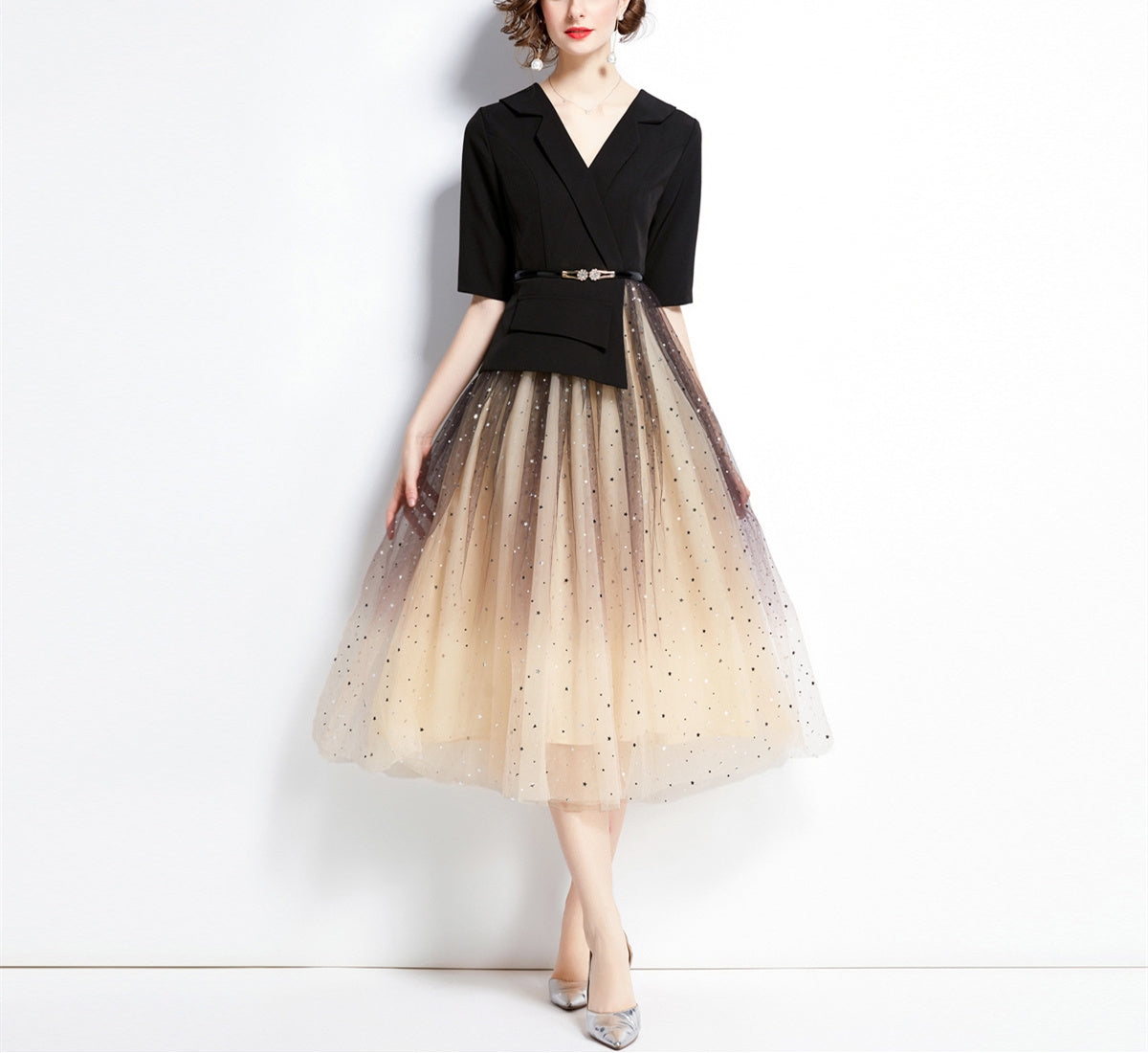 Women Elegant Evening Dress Temperament Casual Office Gradient Color Sequins Tulle Chiffon Mesh Midi Skirt Spring Summer Autumn