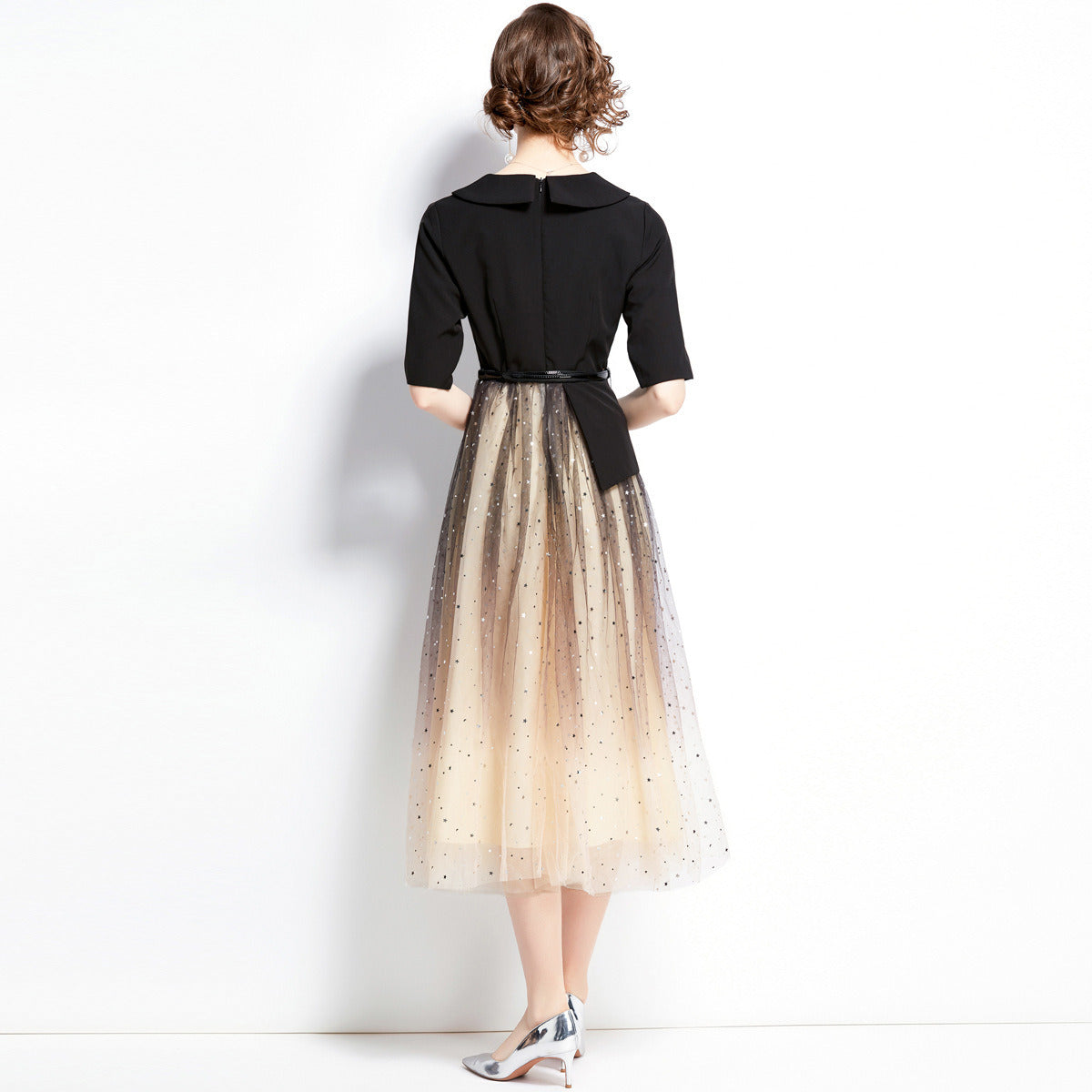 Women Elegant Evening Dress Temperament Casual Office Gradient Color Sequins Tulle Chiffon Mesh Midi Skirt Spring Summer Autumn