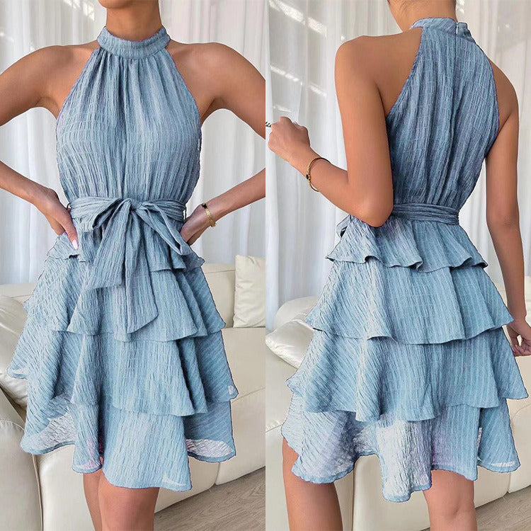 Summer Halter Neck Evening Dress Casual Short Skirt Sexy Women Ruffled Chiffon Sleeveless Matching Belt Fashion Party Beach Sale