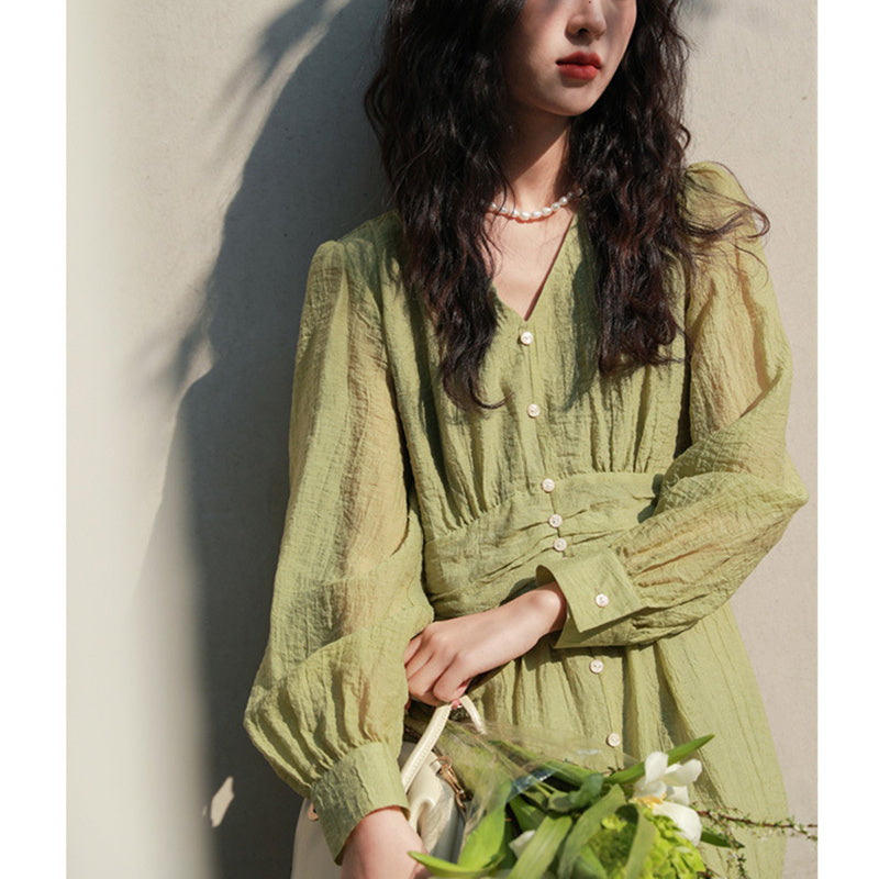 Elegant Dress Women Retro Gentle Style Fresh Grass Green Flower Pink Long Skirt Lining Swing Hem Spring Summer Autumn Female New