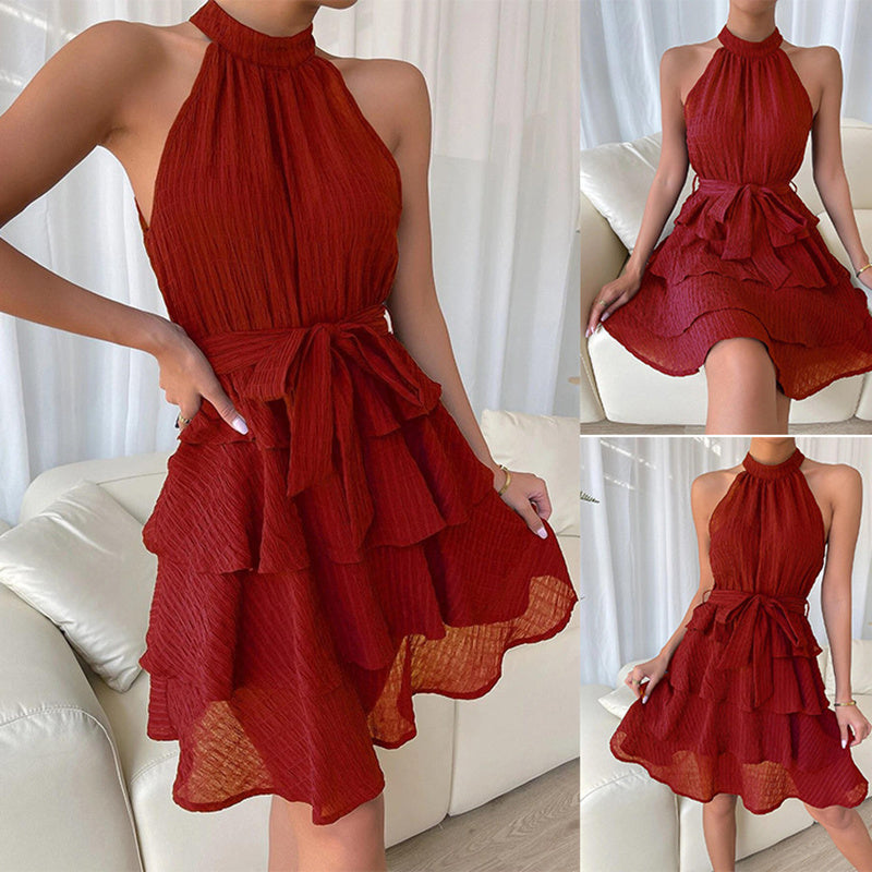 Summer Halter Neck Evening Dress Casual Short Skirt Sexy Women Ruffled Chiffon Sleeveless Matching Belt Fashion Party Beach Sale