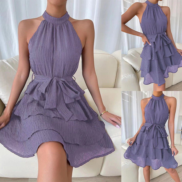 Summer Halter Neck Evening Dress Casual Short Skirt Sexy Women Ruffled Chiffon Sleeveless Matching Belt Fashion Party Beach Sale