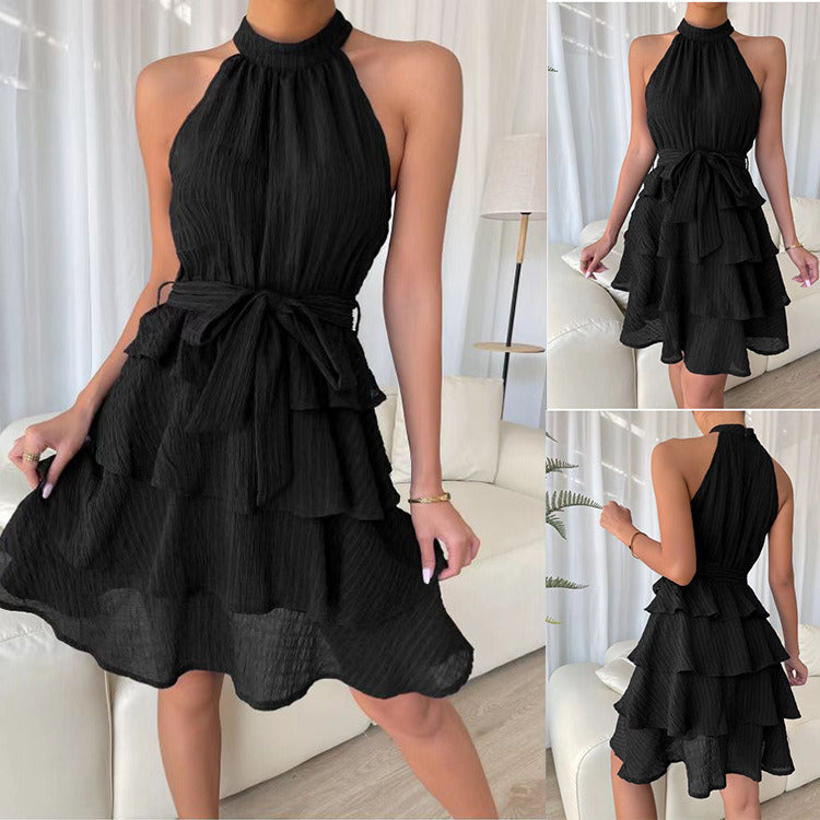 Summer Halter Neck Evening Dress Casual Short Skirt Sexy Women Ruffled Chiffon Sleeveless Matching Belt Fashion Party Beach Sale