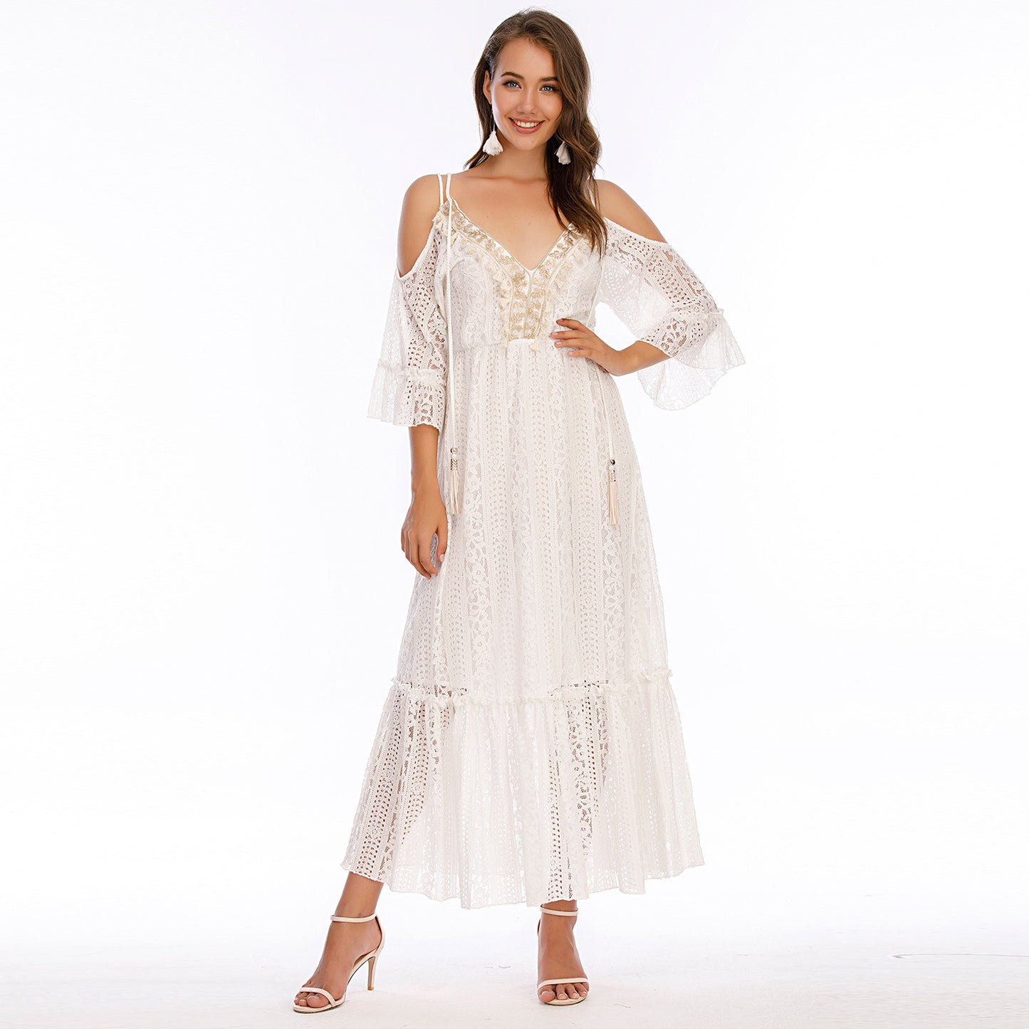 Summer Long Boho Slip Dress Women High Waist Lace Hollow Elegant Casual Seaside Vacation Beach Skirt Bohemian White Beige Black