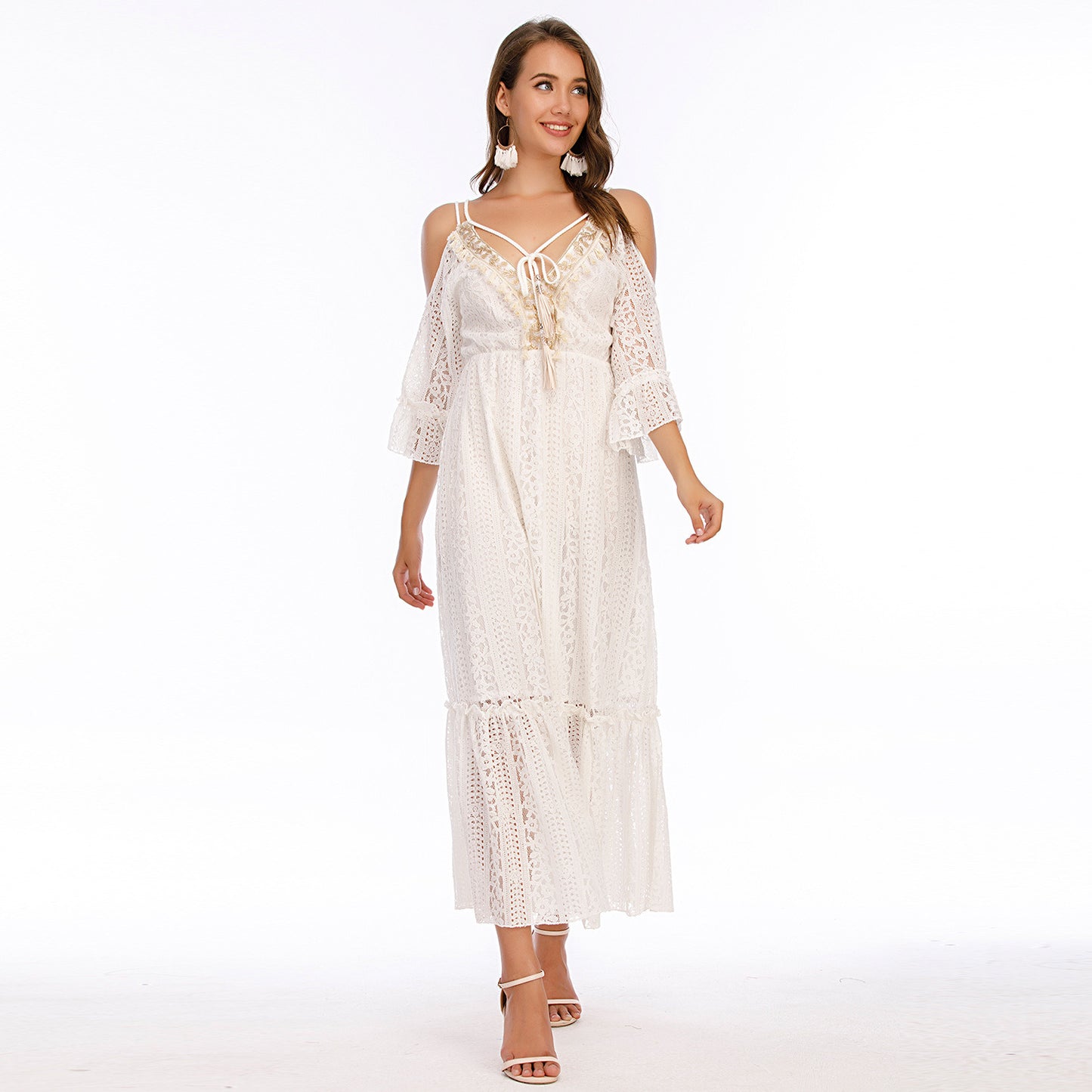 Summer Long Boho Slip Dress Women High Waist Lace Hollow Elegant Casual Seaside Vacation Beach Skirt Bohemian White Beige Black