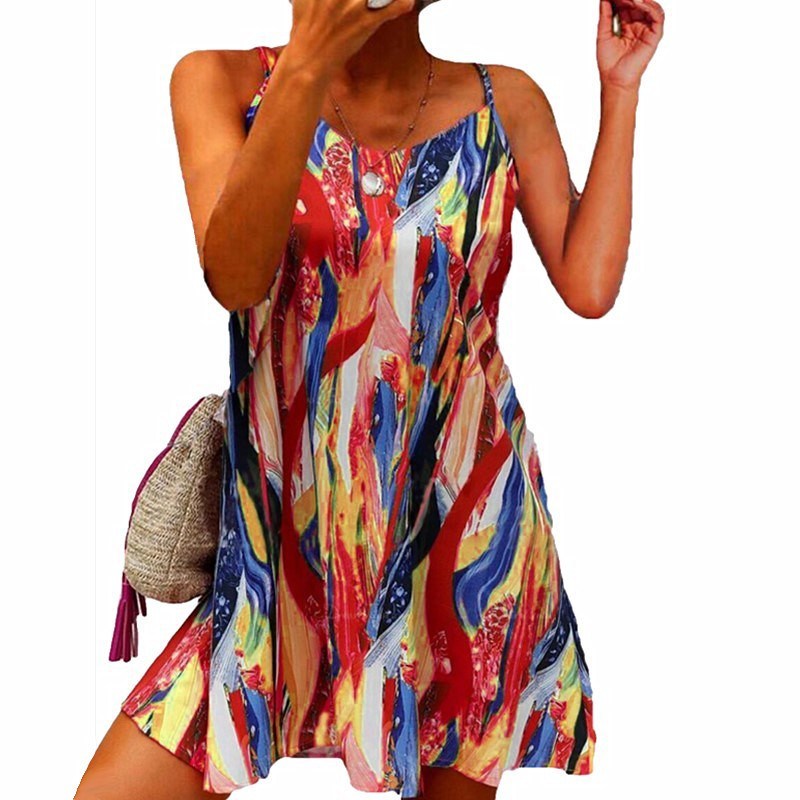 Summer new women's dresses color blocking print halter dresses