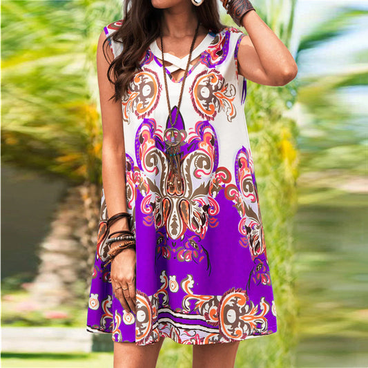 Fashion women's summer new dresses V-neck cross print tank dress