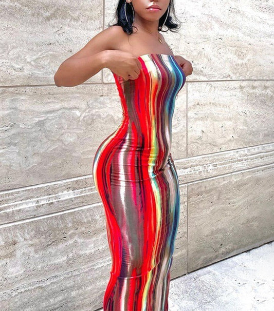 2021 Sleeveless Slash Neck Tye Die Style Skinny Maxi Dress Spring Summer Women Fashion Sexy Streetwear Casual Outfits