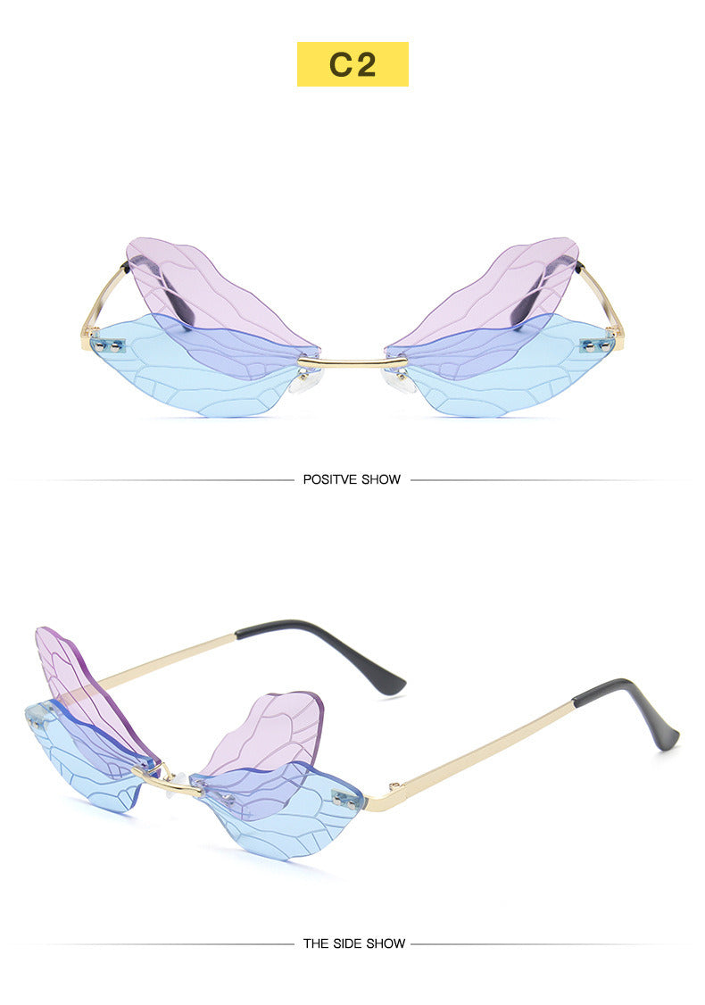 Women's New Funny Dragonfly Sunglasses Prom Gradient Sunglasses Rimless Glasses Beach Glasses