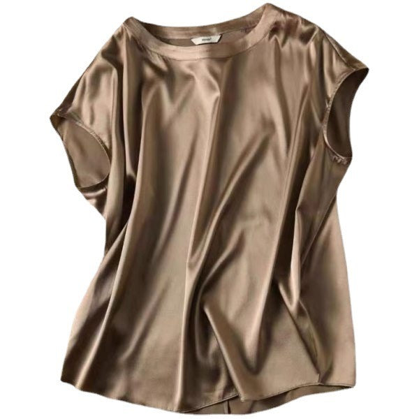 Solid color silk fabric shirt women's 2022 summer new round neck short-sleeved T-shirt women middle-aged mother dress top women