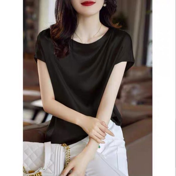 Solid color silk fabric shirt women's 2022 summer new round neck short-sleeved T-shirt women middle-aged mother dress top women