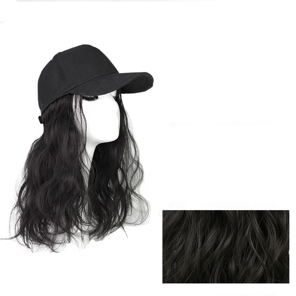 Black Baseball Cap with Fluffy Wavy Black Synthetic Hair Extension Wig Hat for Womens