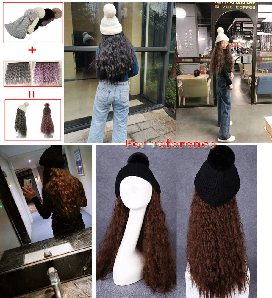 Womens Black Winter Knit Hat with Light Brown Synthetic Long Curly Corn Wave Hair Attached Wig Cap