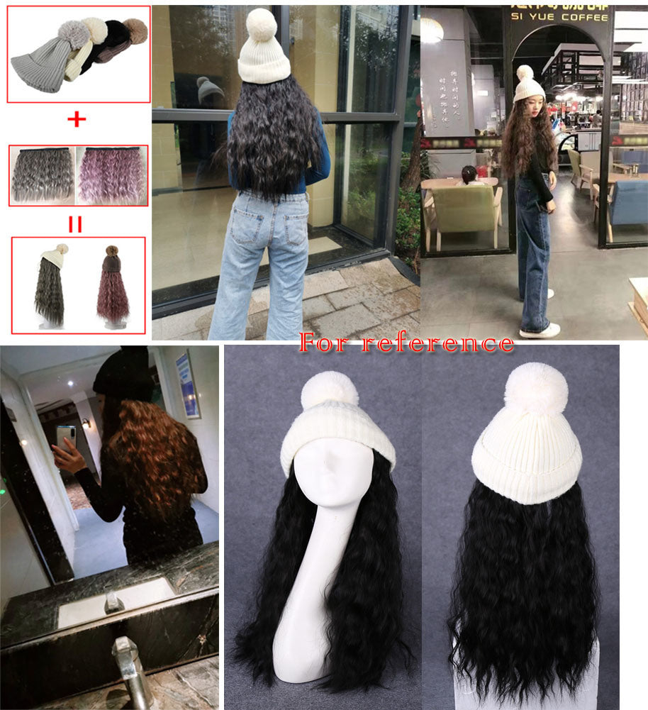 Womens Winter Knit Hat with Synthetic Long Curly Corn Wave Hair Attached, Natural Black Wig Cap