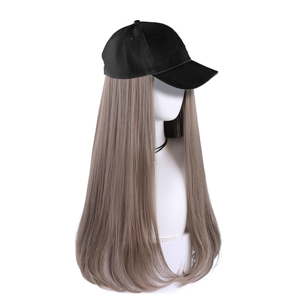 Womens Baseball Cap With Ombre Grey Long Hair Attached Synthetic Hair Extensions Wig Cap