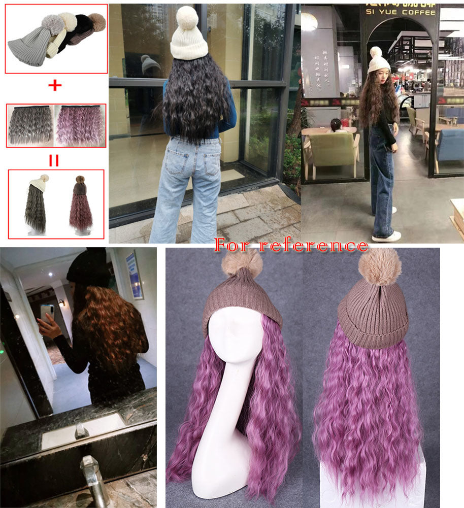 Womes Winter Pink Knit Hat with Grey Purple Synthetic Long Curly Corn Wave Hair Attached Wig Cap