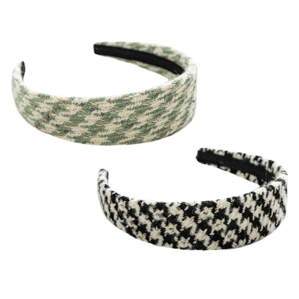 2 Pcs Tweed Wide Headband for Women Winter Vintage Plaid Hairband Houndstooth Print Hair Hoops Headwraps Hair Accessories