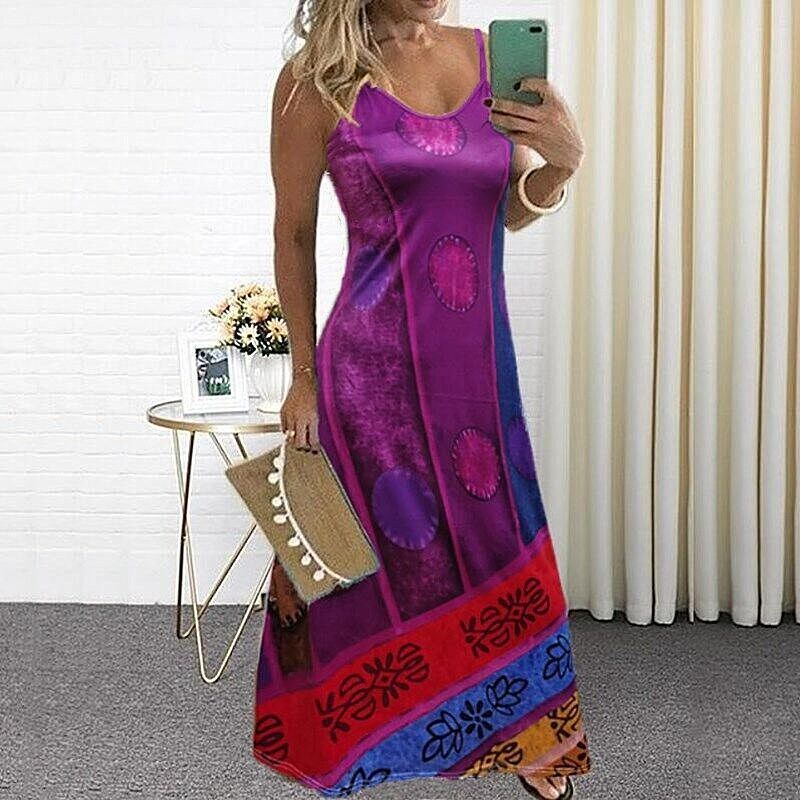 Summer New Women's Long V-neck Casual Color Matching Ethnic Sling Print Dress