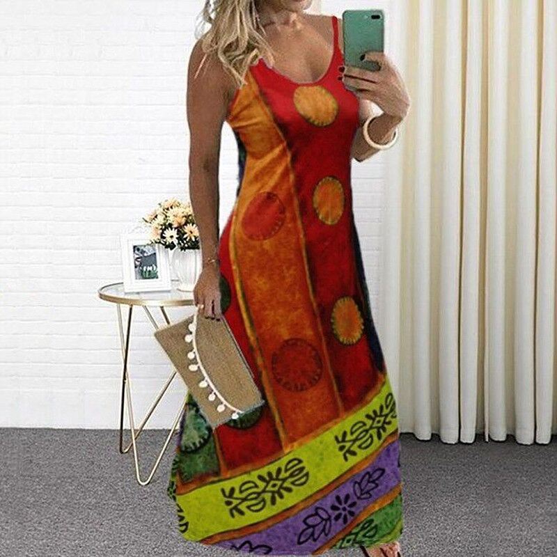 Summer New Women's Long V-neck Casual Color Matching Ethnic Sling Print Dress