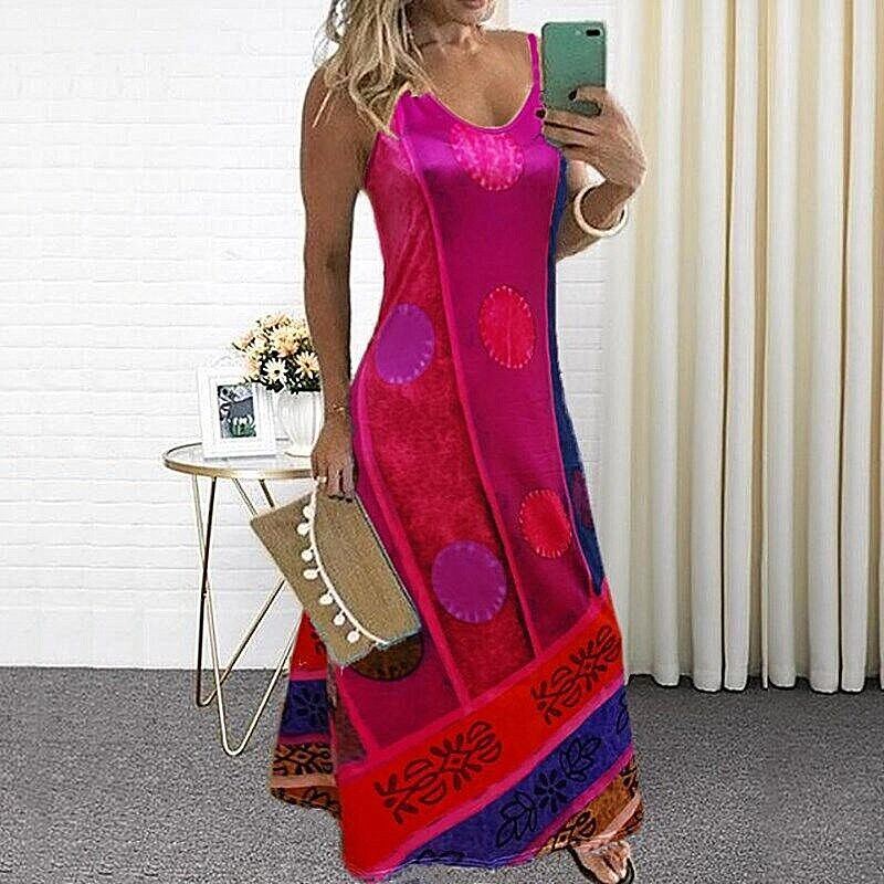 Summer New Women's Long V-neck Casual Color Matching Ethnic Sling Print Dress