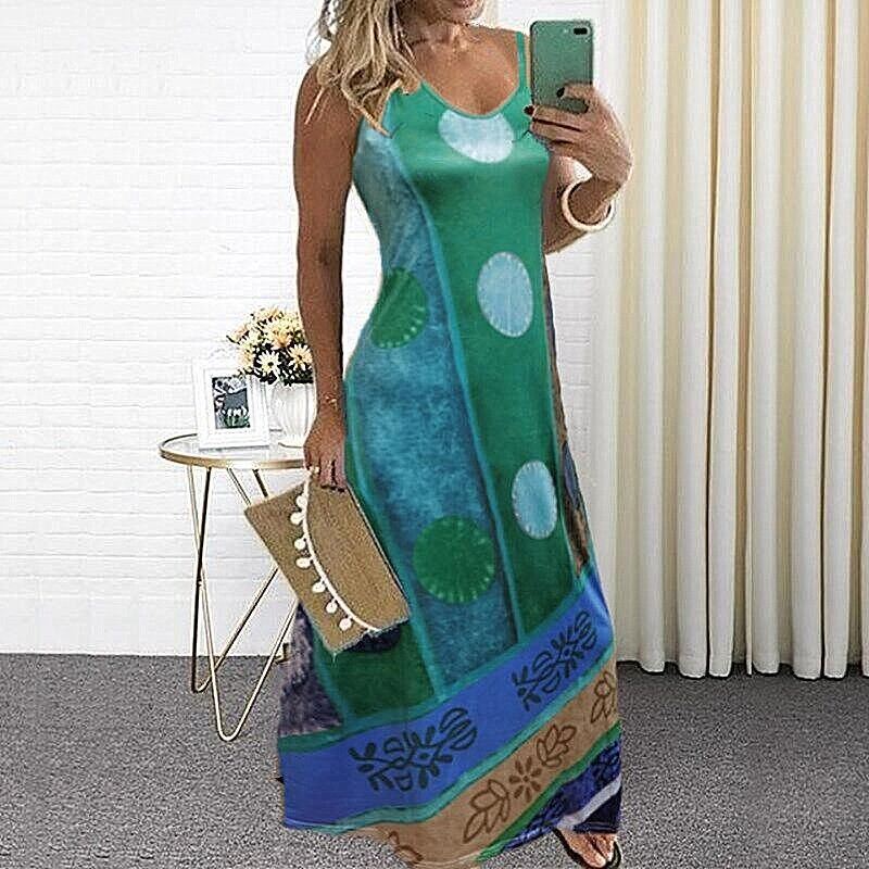 Summer New Women's Long V-neck Casual Color Matching Ethnic Sling Print Dress