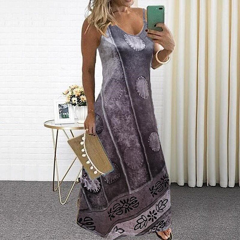 Summer New Women's Long V-neck Casual Color Matching Ethnic Sling Print Dress