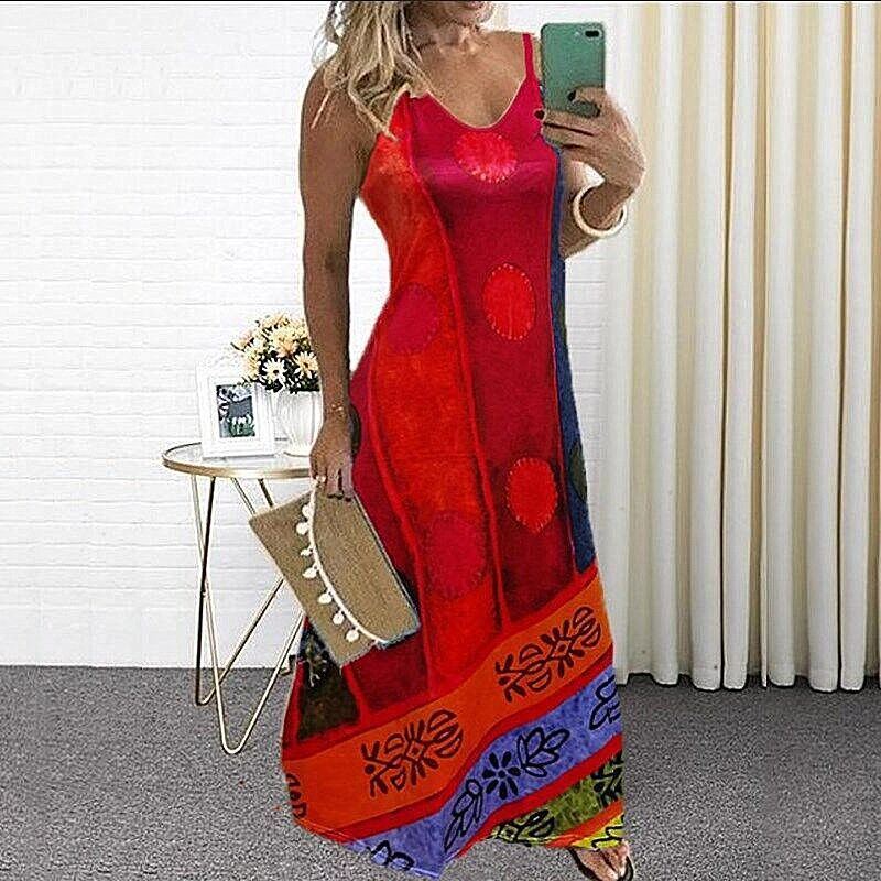 Summer New Women's Long V-neck Casual Color Matching Ethnic Sling Print Dress