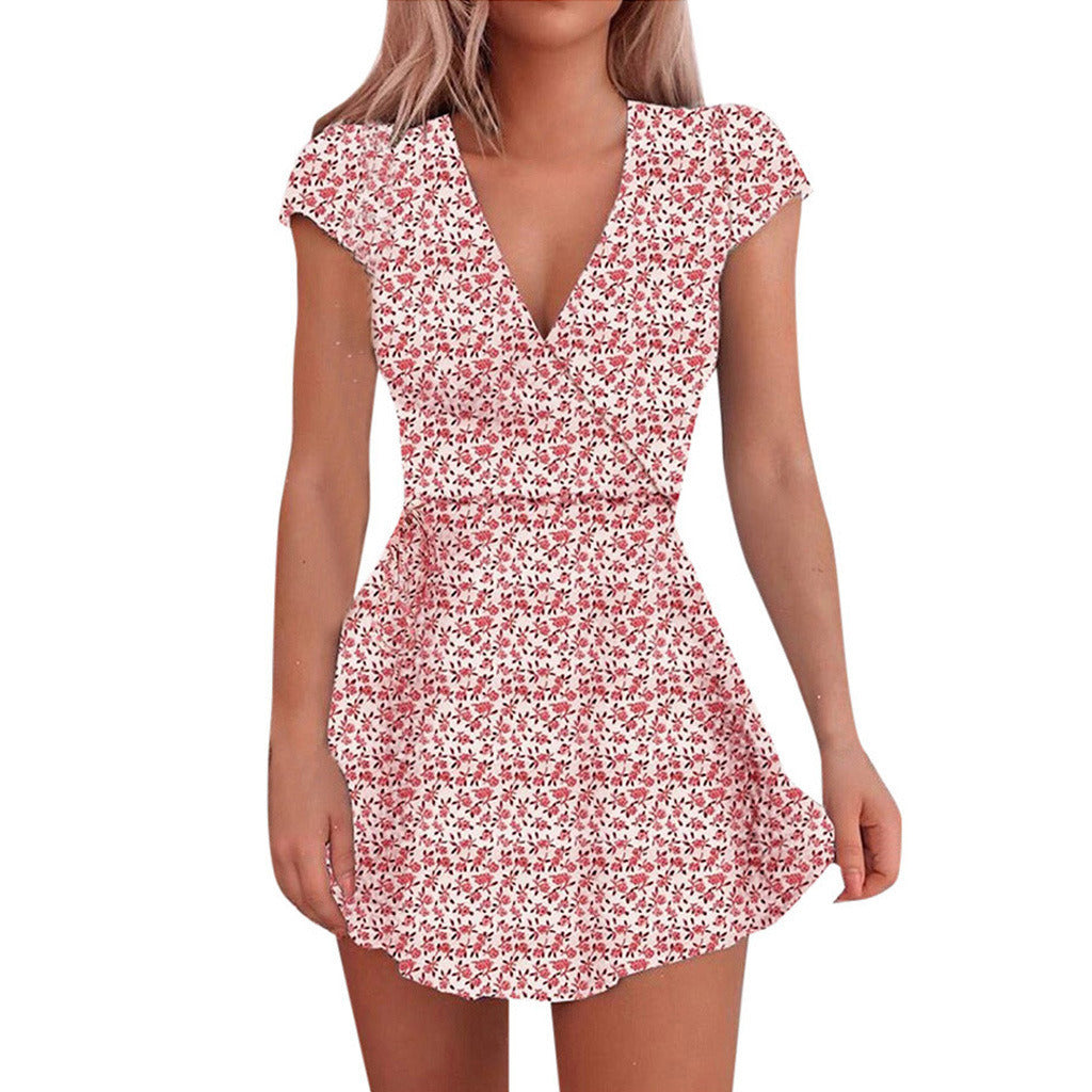 Summer Women's Floral Short Skirt Mini Skirt Short Sleeve Dress