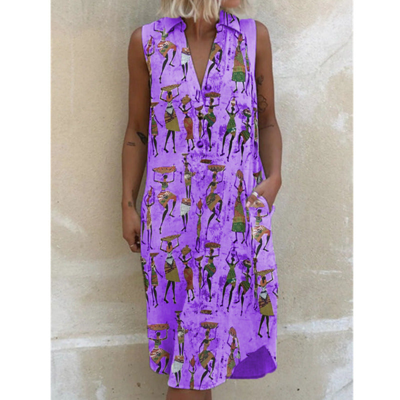 Summer New Women's Lapel Printed Loose Sleeveless Dress