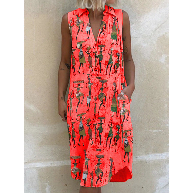 Summer New Women's Lapel Printed Loose Sleeveless Dress