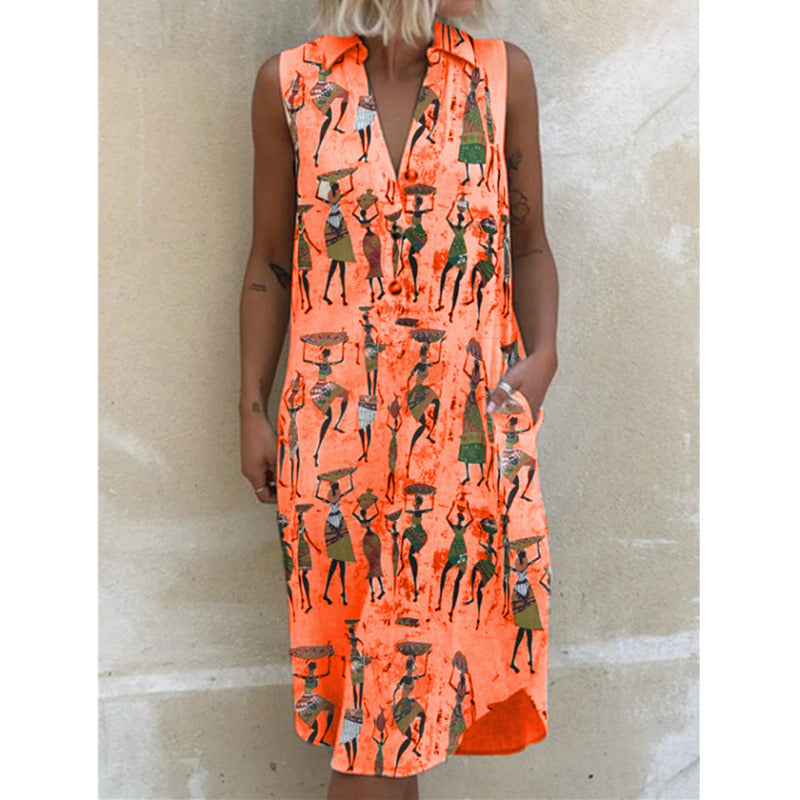 Summer New Women's Lapel Printed Loose Sleeveless Dress