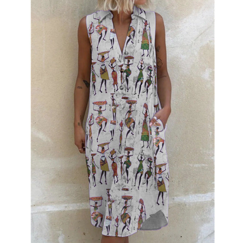 Summer New Women's Lapel Printed Loose Sleeveless Dress