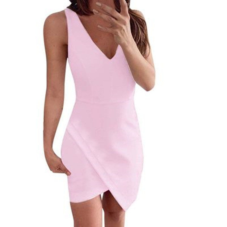 summer women's dress irregular hem solid color slim sleeveless V-neck dress