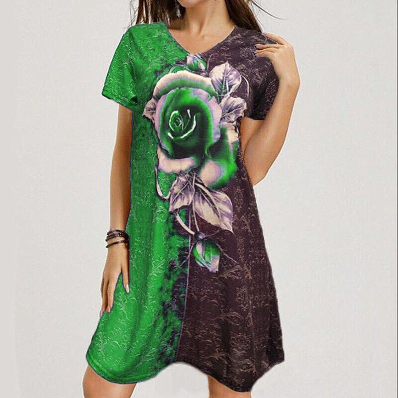 Summer Women's New Casual V-neck Loose Rose Print Color Matching Short-sleeved Dress