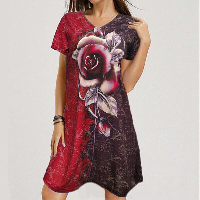 Summer Women's New Casual V-neck Loose Rose Print Color Matching Short-sleeved Dress