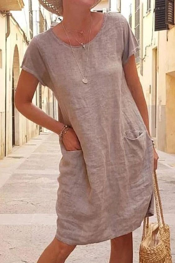 Summer New Women's Dress Loose Solid Color Pocket Short Sleeve Round Neck Dress