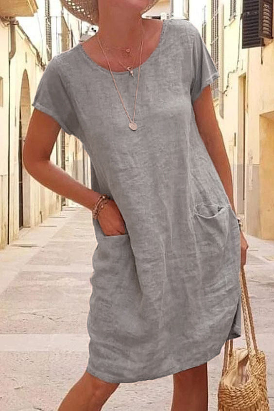 Summer New Women's Dress Loose Solid Color Pocket Short Sleeve Round Neck Dress