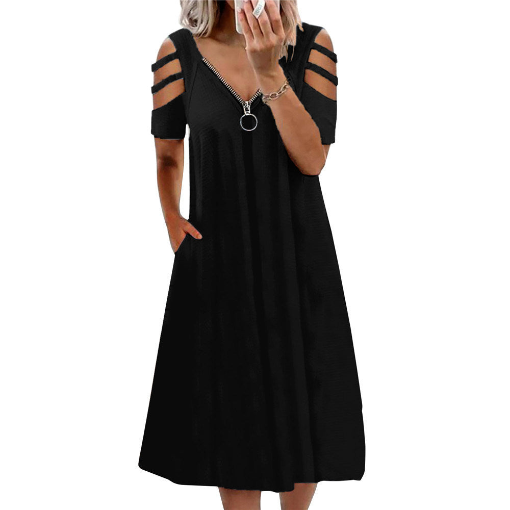 Summer New Sexy V-neck Zipper Short-sleeved Dress Women