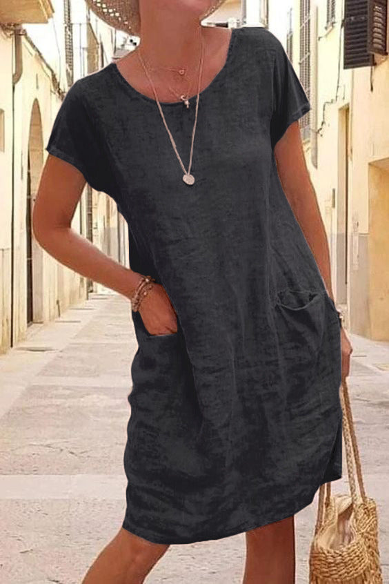 Summer New Women's Dress Loose Solid Color Pocket Short Sleeve Round Neck Dress