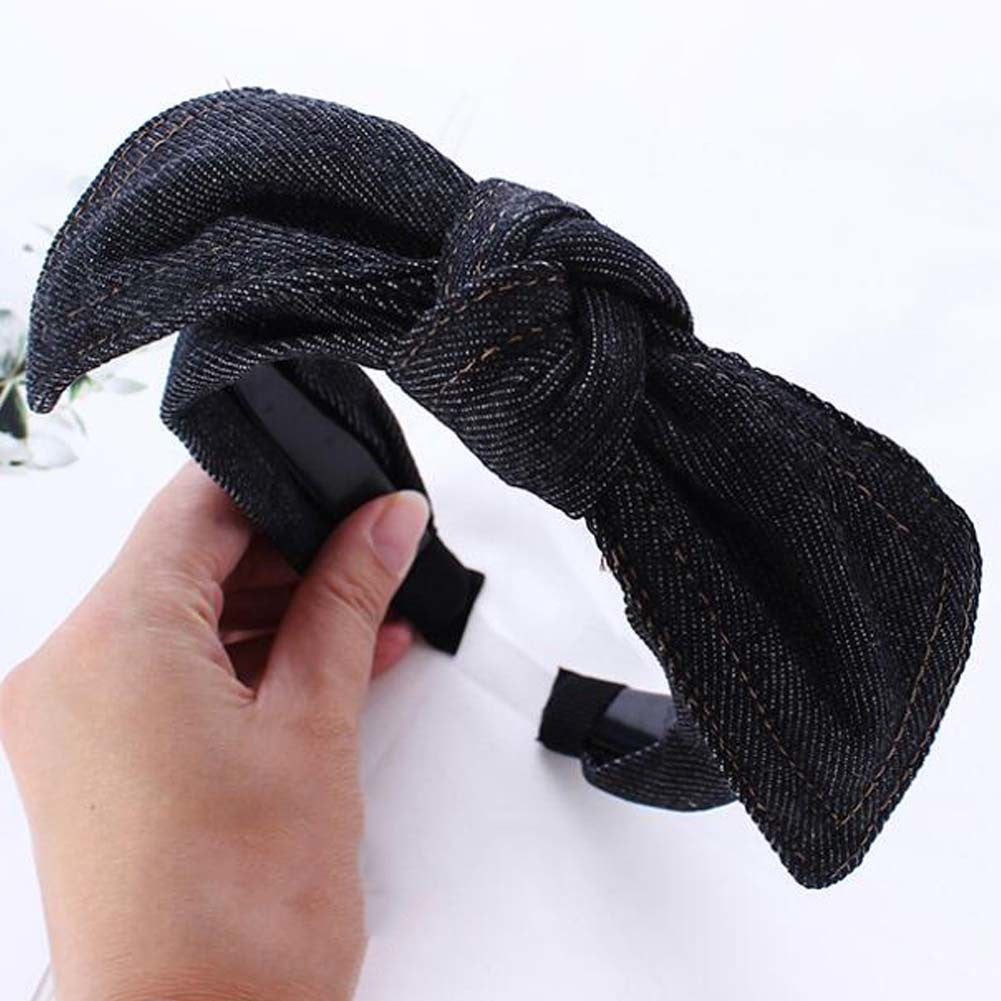 Women's Retro Denim Headband Large Bowknot Wide Hairband Girls Headband Hair Accessories,Black