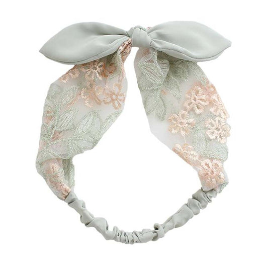 Green Sheer Lace Headband Embroidered Flower Bowknot Hair Band Wide Hair Accessories Hair Wrap