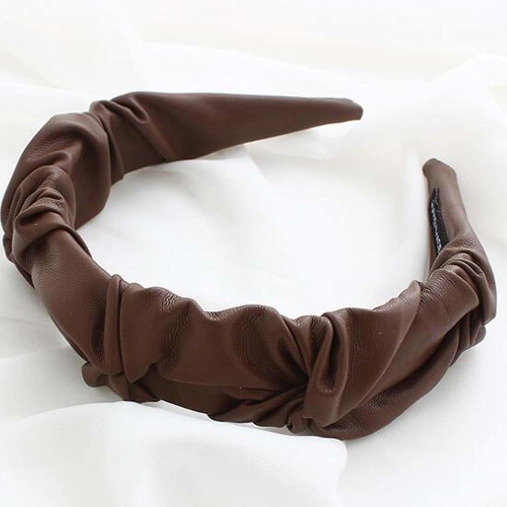 Brown PU Leather Pleated Wide Headband Womens Simple Hairband Hair Accessories