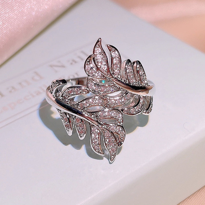 Fashion 925 Silver Plated Micro Pave Zircon Leaf Rings For Women Daily Casual Accessories