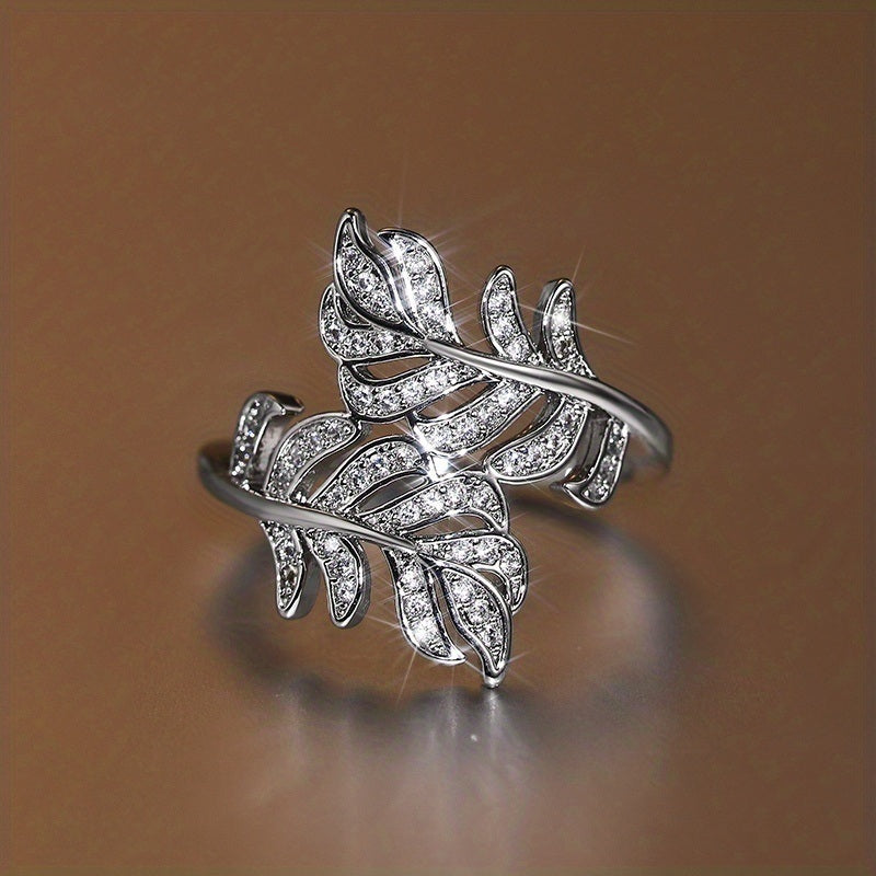 Fashion 925 Silver Plated Micro Pave Zircon Leaf Rings For Women Daily Casual Accessories