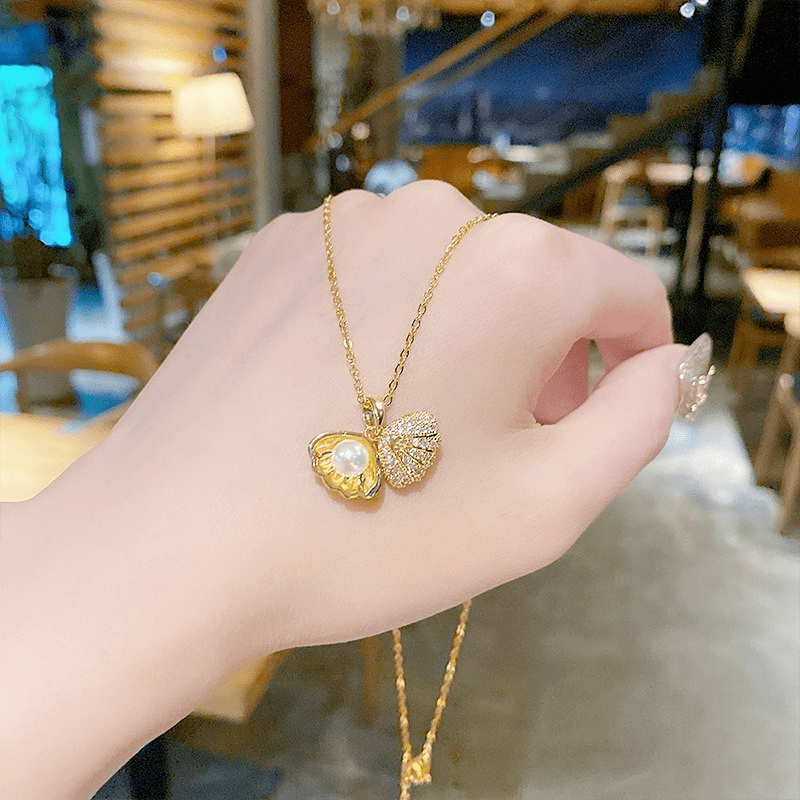 Delicate Glitter Shell Pearl Zircon Stone Pendant Necklace Jewelry Accessories Gifts For Men Women